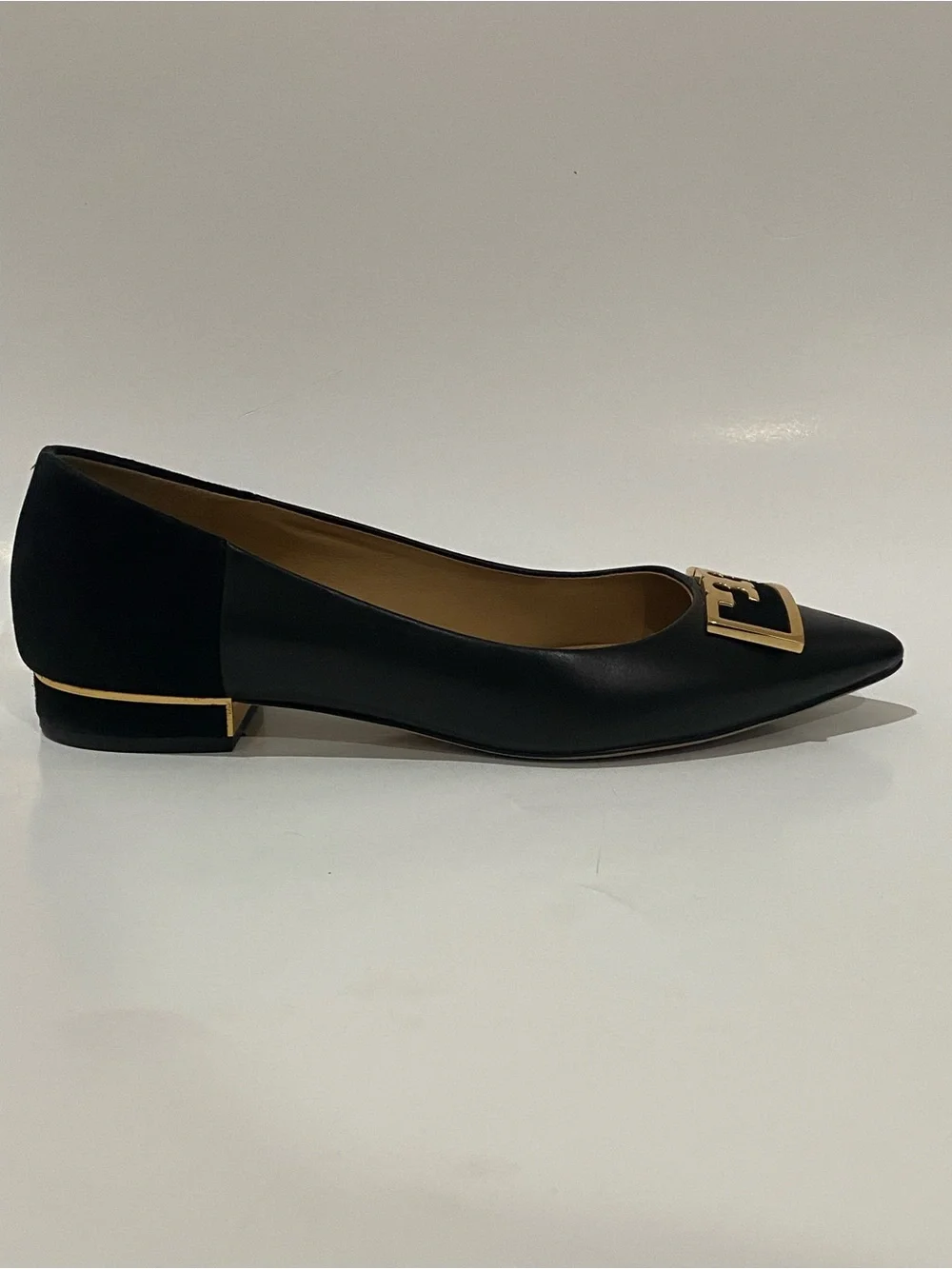 Tory Burch Jessa Black Gold Pointed Toe Logo Buckle Flats Leather Suede